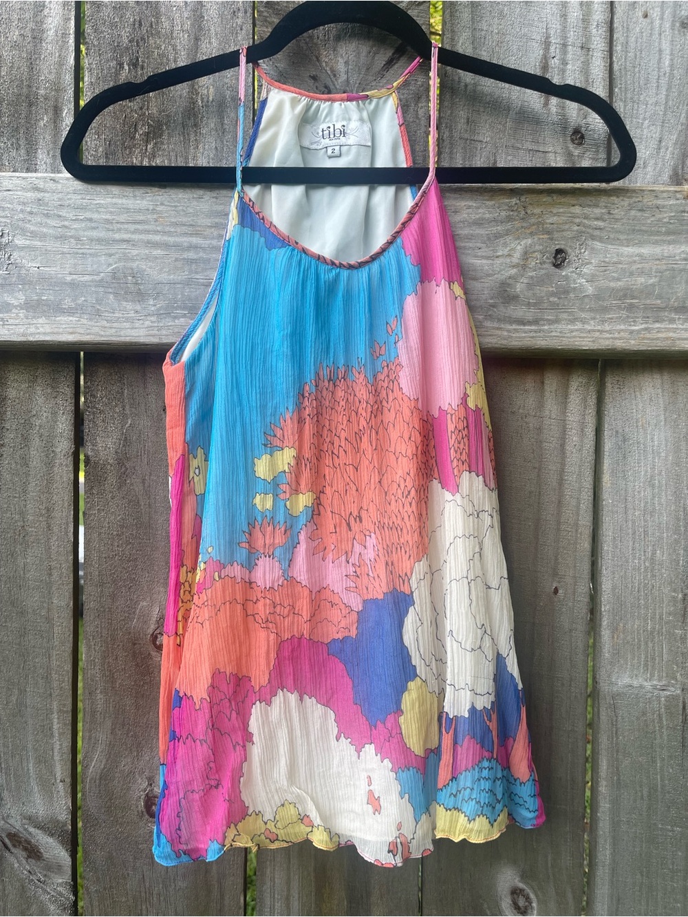 Tibi Multicolor Pleated Silk Halter Tank in Blue, Pink, Coral, Cream Sz 2